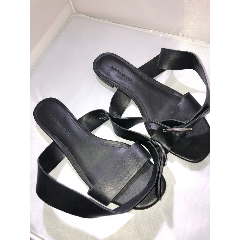 Banana Republic Womens Black Leather Buckle Ankle Wrap Flat Sandals Size 8 M